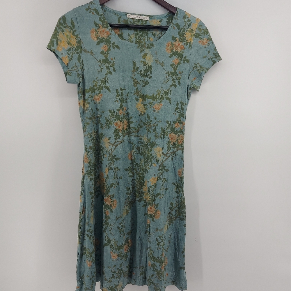 Peruvian Connection Green Floral Pima Cotton Shirt Dress Size Small